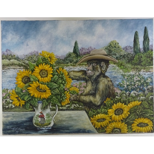 1333 - John Leigh Spath, oil on canvas, monkey and sunflowers, signed, 30