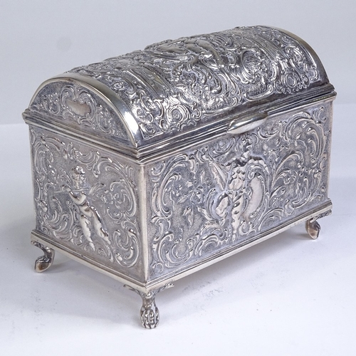 587 - A 19th century German Hanau silver dome-top casket, possibly by Simon Rosenau, allover relief emboss... 