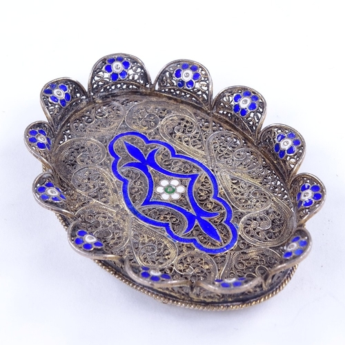 592 - A Norwegian silver gilt filigree and enamel miniature tray, with blue, white and green enamel floral... 