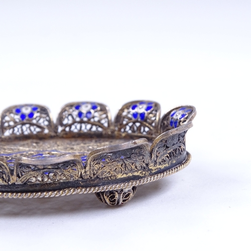 592 - A Norwegian silver gilt filigree and enamel miniature tray, with blue, white and green enamel floral... 