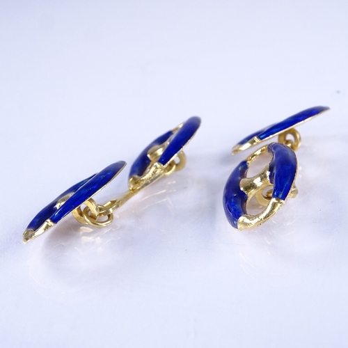 616 - A pair of Italian 18ct gold blue enamel oval panel cufflinks, panel length 20.6mm, 9g total