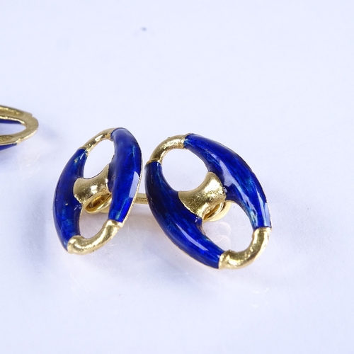 616 - A pair of Italian 18ct gold blue enamel oval panel cufflinks, panel length 20.6mm, 9g total