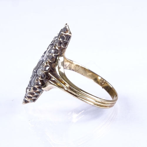 621 - A 19th century 18ct gold rose-cut diamond cluster marquise panel ring, setting height 23.1mm, size M... 