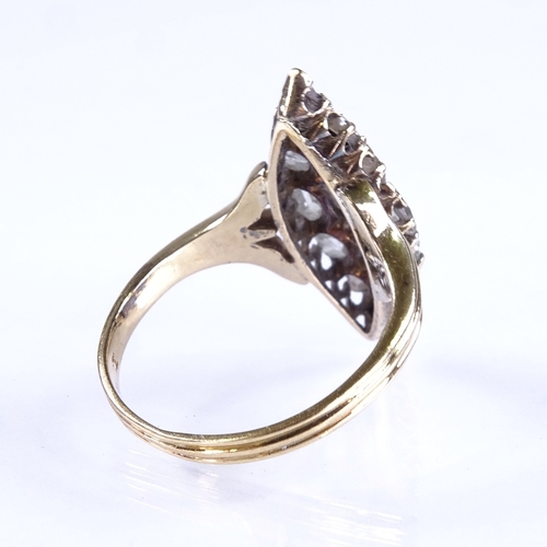 621 - A 19th century 18ct gold rose-cut diamond cluster marquise panel ring, setting height 23.1mm, size M... 