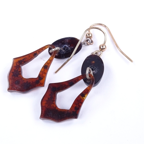 622 - A pair of 19th century tortoiseshell gold and silver pique inlaid drop earrings, with 9ct shepherd h... 