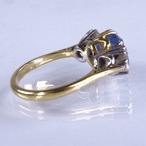 627 - An 18ct gold 3-stone sapphire and diamond dress ring, total diamond content approx 1ct, diamond dime... 