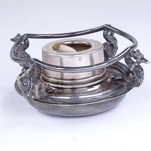 631 - An Elizabeth II novelty silver-mounted cigar/desk lighter, gryphon and shield supports with rope wic... 