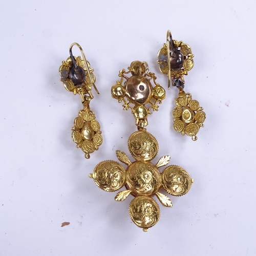 632 - A Georgian unmarked gold diamond cruciform demi parure, comprising drop pendant and pair of earrings... 