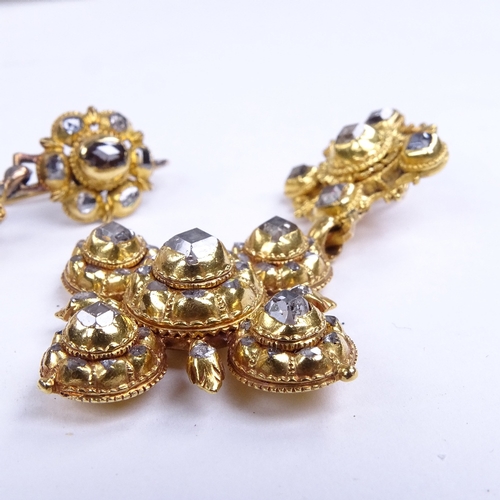 632 - A Georgian unmarked gold diamond cruciform demi parure, comprising drop pendant and pair of earrings... 