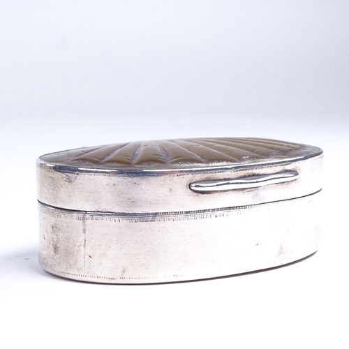 652 - A 19th century Spanish silver and mother-of-pearl oval trinket box, with pearl panel lid and base, l... 