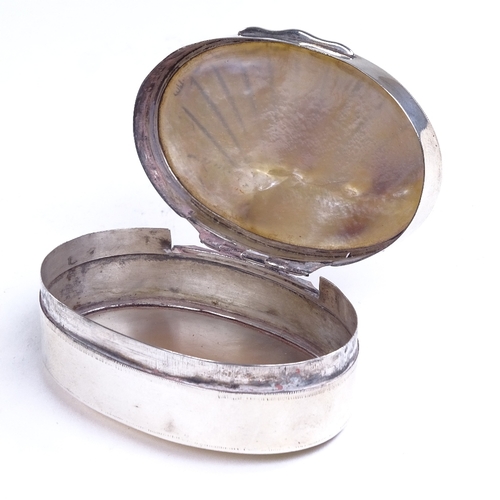 652 - A 19th century Spanish silver and mother-of-pearl oval trinket box, with pearl panel lid and base, l... 