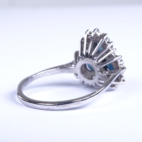 657 - A late 20th century unmarked white gold sapphire and diamond triple-cluster flowerhead cocktail ring... 