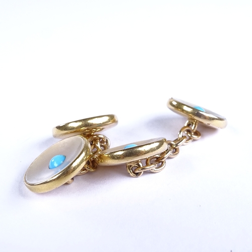 670 - A pair of early 20th century 18ct gold turquoise and mother-of-pearl circular panel cufflinks, panel... 