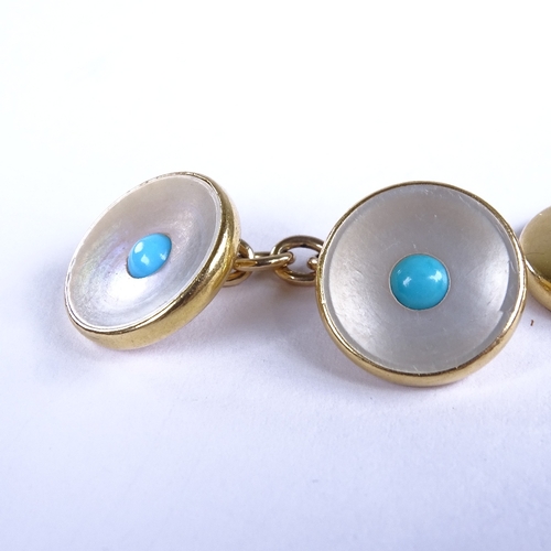 670 - A pair of early 20th century 18ct gold turquoise and mother-of-pearl circular panel cufflinks, panel... 