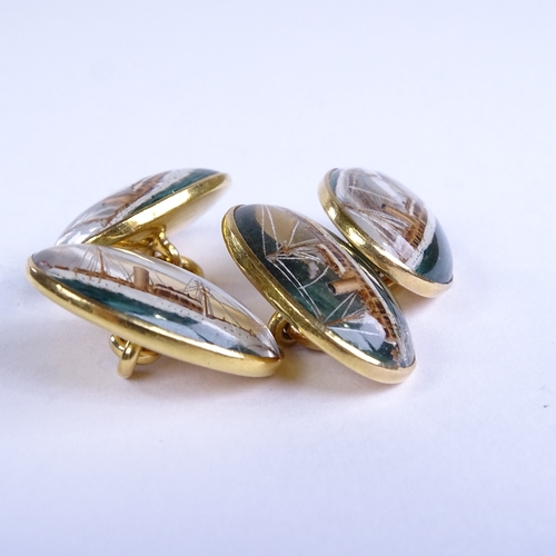 673 - A pair of 18ct gold domed Essex Crystal steamer boat oval panel cufflinks, panel length 20.7mm, 13.2... 