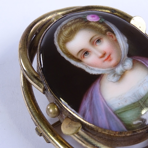 675 - A 19th century miniature hand painted watercolour portrait on porcelain, depicting a young lady, in ... 