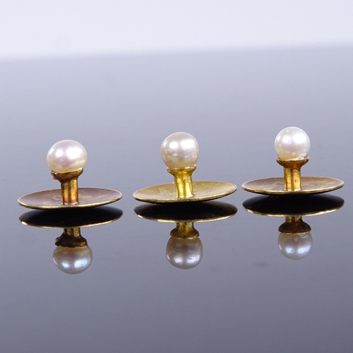 684 - A set of 3 Victorian 15ct gold whole pearl dress studs, maker's marks WR, hallmarks Birmingham 1878,... 