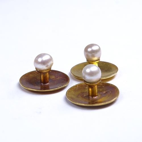 684 - A set of 3 Victorian 15ct gold whole pearl dress studs, maker's marks WR, hallmarks Birmingham 1878,... 