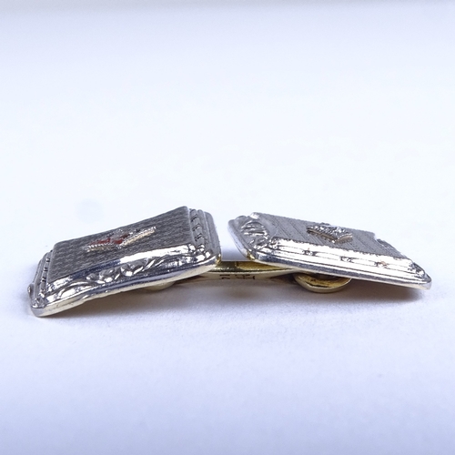 690 - A single 14ct gold diamond set cufflink, engine turned decoration, maker's marks TH, panel length 13... 