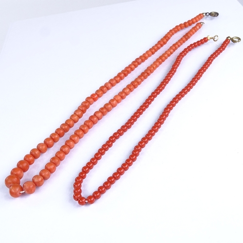 707 - 2 single-strand coral bead necklaces, necklace lengths 46cm and 37cm, 23.4g total (2)