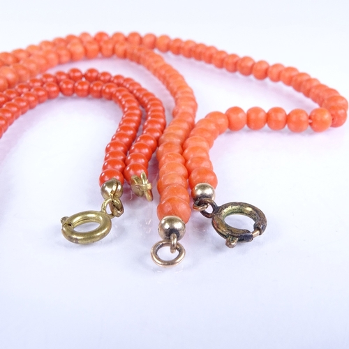 707 - 2 single-strand coral bead necklaces, necklace lengths 46cm and 37cm, 23.4g total (2)