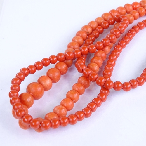 707 - 2 single-strand coral bead necklaces, necklace lengths 46cm and 37cm, 23.4g total (2)