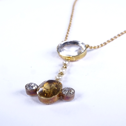 709 - A Victorian 9ct gold citrine diamond pearl and quartz drop pendant necklace, total diamond content a... 