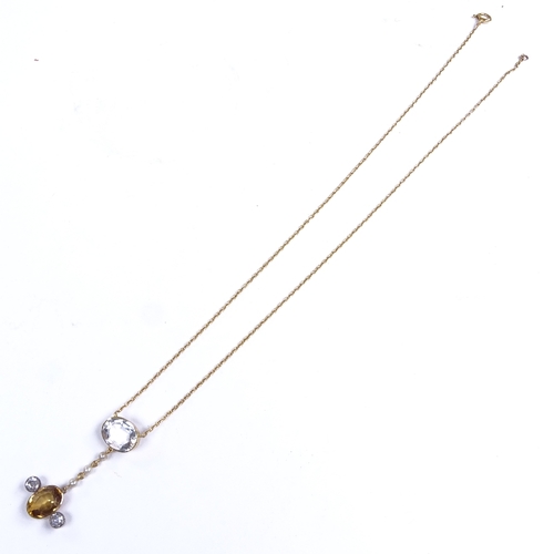 709 - A Victorian 9ct gold citrine diamond pearl and quartz drop pendant necklace, total diamond content a... 