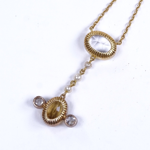 709 - A Victorian 9ct gold citrine diamond pearl and quartz drop pendant necklace, total diamond content a... 