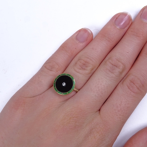 716 - An unmarked gold onyx diamond and green enamel panel dress ring, panel diameter 14.3mm, size L, 2.6g