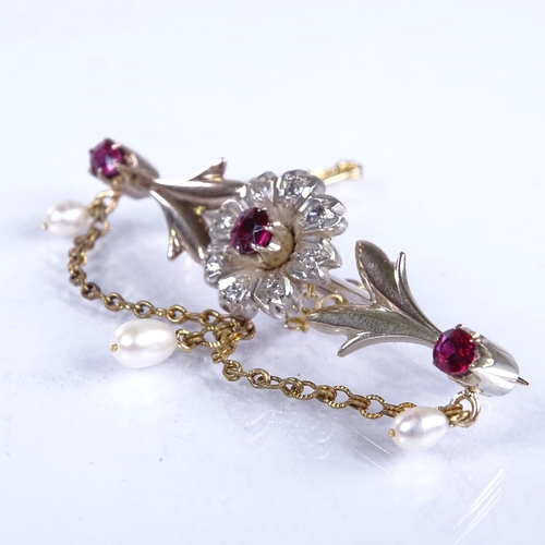 723 - A 19th century unmarked gold ruby pearl and diamond bar brooch, floral decoration with chain swags, ... 