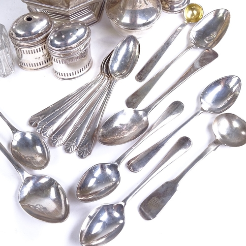 726 - Various silver, including squat pedestal trophy, various spoons and cruets, and Sampson Mordan & Co ... 