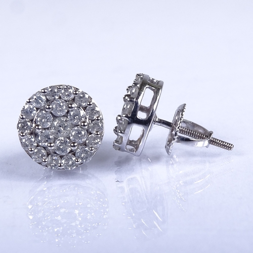 732 - A modern pair of 9ct white gold diamond cluster screw-back earrings, earring diameter 9.7mm, 2g