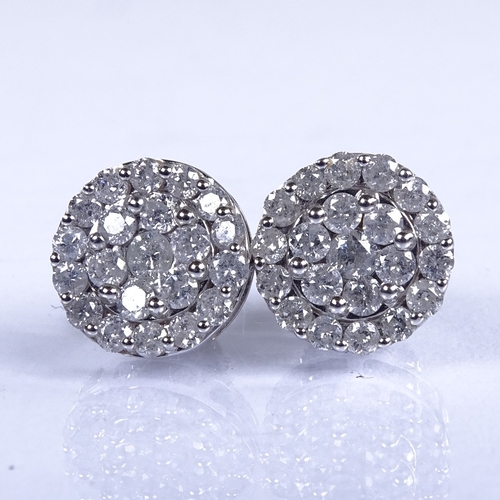 732 - A modern pair of 9ct white gold diamond cluster screw-back earrings, earring diameter 9.7mm, 2g