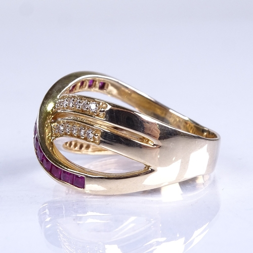 734 - A large modern 14ct gold ruby and diamond crossover dress ring, total diamond content approx 0.5ct, ... 