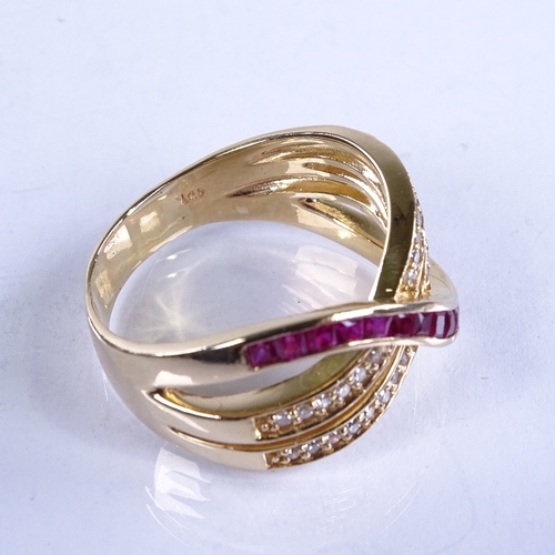 734 - A large modern 14ct gold ruby and diamond crossover dress ring, total diamond content approx 0.5ct, ... 