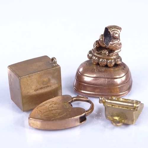 739 - Various 9ct gold charms and fobs, including heart padlock, typewriter, seal etc, 10.6g gross