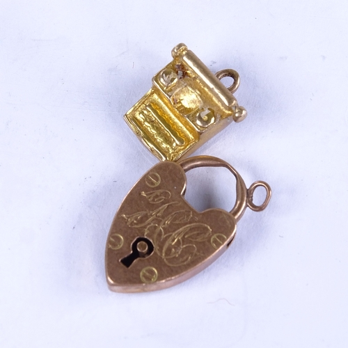 739 - Various 9ct gold charms and fobs, including heart padlock, typewriter, seal etc, 10.6g gross