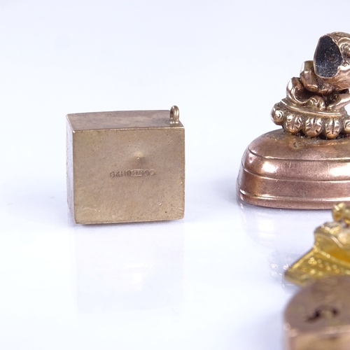 739 - Various 9ct gold charms and fobs, including heart padlock, typewriter, seal etc, 10.6g gross