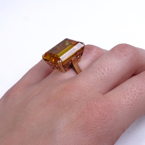 741 - A late 20th century 14ct gold yellow sapphire? dress ring, sapphire dimensions: length - 21.06mm, wi... 