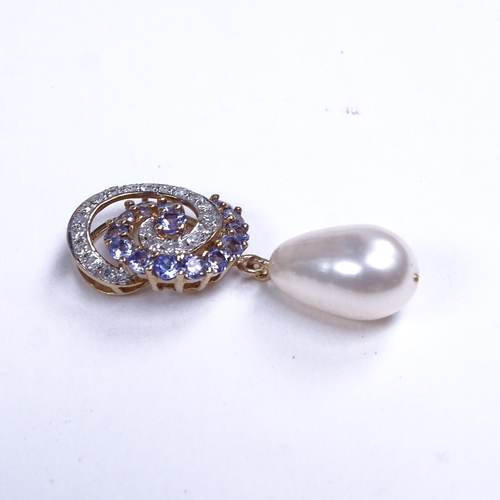 743 - A modern 9ct gold pearl iolite and diamond cluster swirl pendant, pendant height 31.4mm, 2.5g