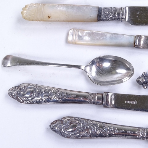 746 - Various silver, including mother-of-pearl handled knives, thimble, spoons etc