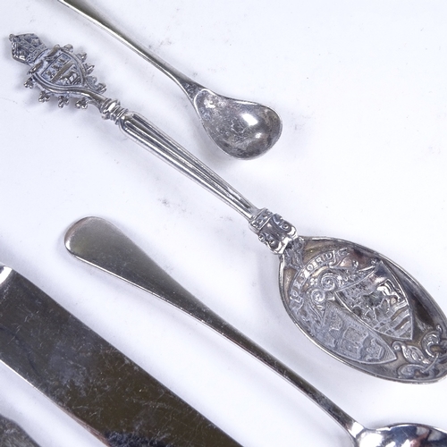 746 - Various silver, including mother-of-pearl handled knives, thimble, spoons etc