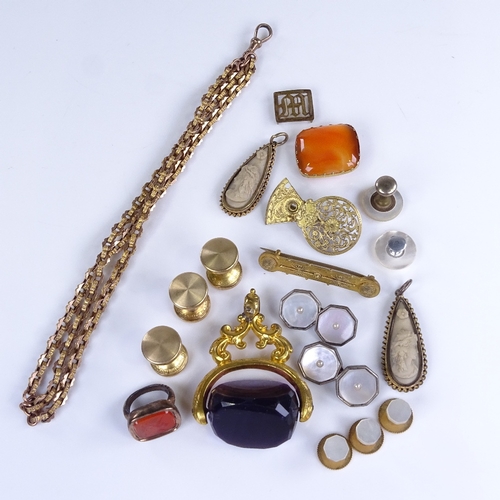 760 - Various Antique jewellery, including large gilt-metal amethyst swivel seal fob, carnelian seal fob, ... 