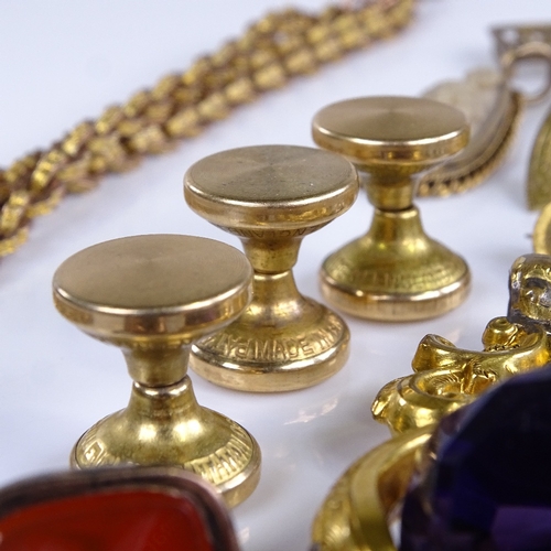 760 - Various Antique jewellery, including large gilt-metal amethyst swivel seal fob, carnelian seal fob, ... 