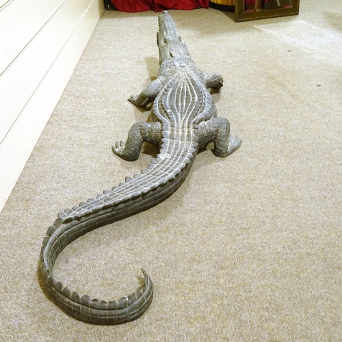 114 - A near life-size verdigris bronze crocodile, no artist's signature or foundry marks, length 213cm (7... 