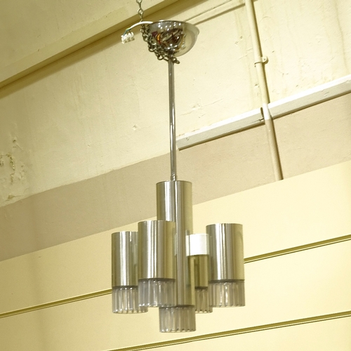 344 - A pair of retro aluminium 5-light pendant ceiling light fittings, circa 1960s, overall height 69cm