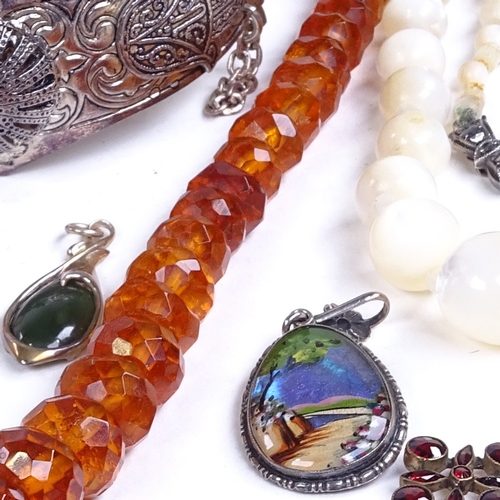 767 - Various jewellery, including butterfly wing pendant and bracelet, faceted amber bead necklace, garne... 