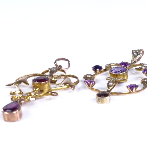 773 - 2 early 20th century Art Nouveau 9ct gold amethyst and split pearl pendants, openwork floral decorat... 