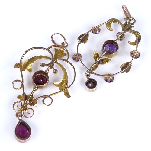 773 - 2 early 20th century Art Nouveau 9ct gold amethyst and split pearl pendants, openwork floral decorat... 